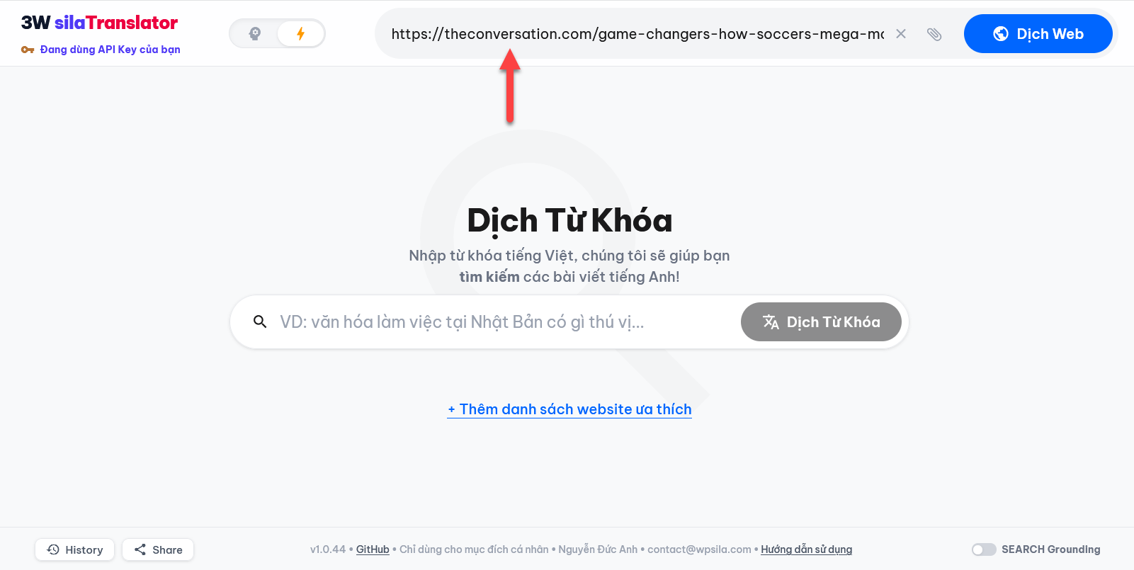 Nhập địa chỉ website cần dịch